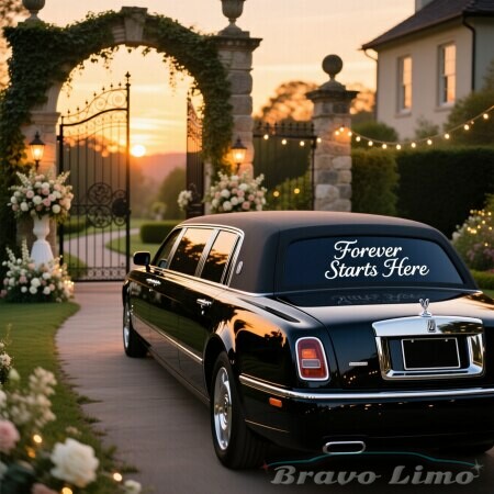 Black Limousine With Quot Forever Starts Here Quot On Rear Window Parked At A Wedding Venue