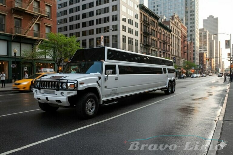 White Hummer Limousine Party Bus Driving Down A City Street