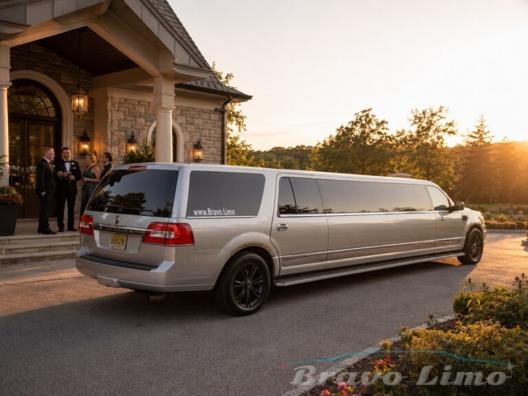 Silver Lincoln Navigator limo parked at a mansion entrance with people in formal attire.