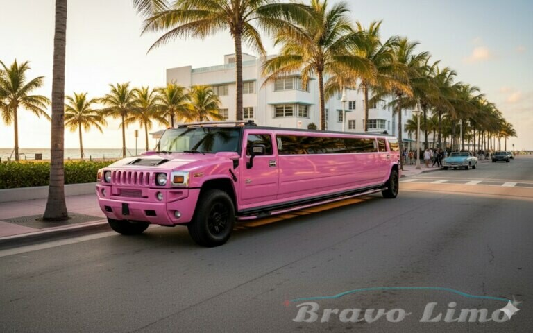 Pink Hummer H2 Limousine Parked On A Palm Lined Street In Miami Beach