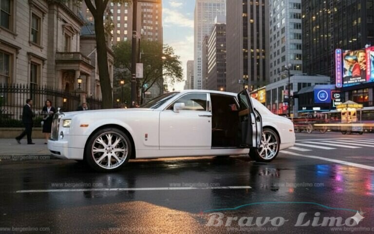 White Rolls Royce Phantom Limousine Parked On City Street Door Open