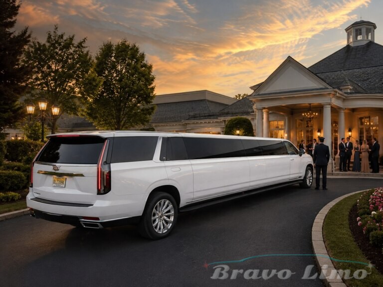 White Cadillac Escalade limousine parked at an elegant venue with guests arriving.