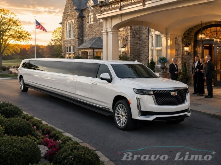 White Cadillac Escalade limousine parked outside a grand building with people in formal attire.