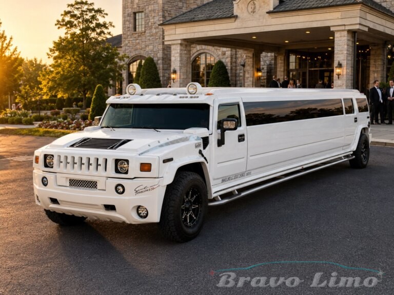 White Hummer H2 limousine parked outside a building at sunset.