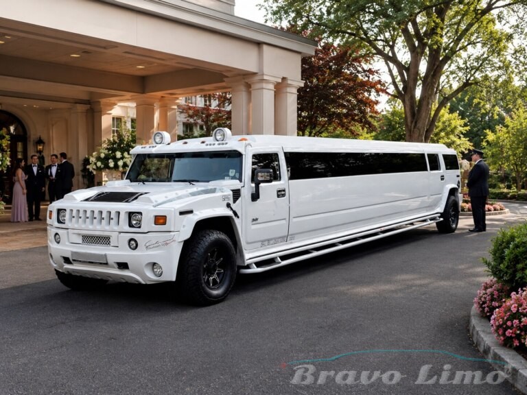 White Hummer H2 limousine parked outside a building with people.