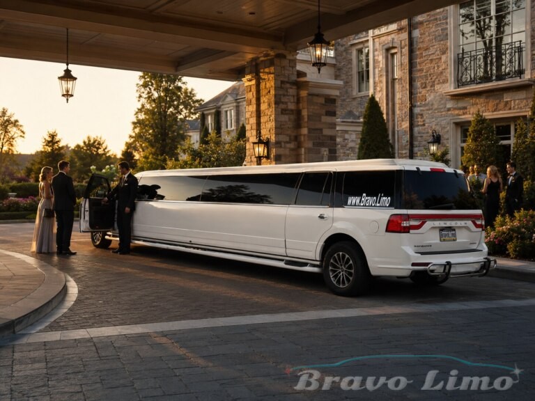 Lincoln Navigator limo at luxury hotel entrance with couple.