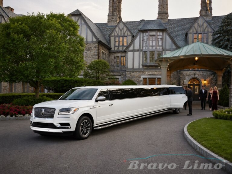 White jet door Lincoln Navigator limo parked at a grand building entrance.