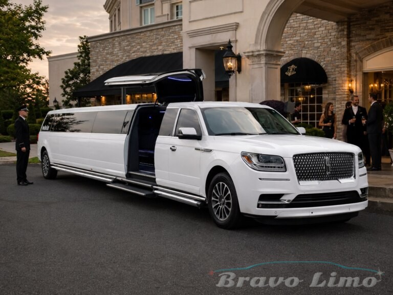 Jet door Lincoln Navigator limo, 22 Comfort / 26 Max, white exterior