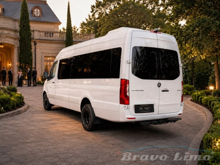 White Mercedes Sprinter van parked at an event venue.