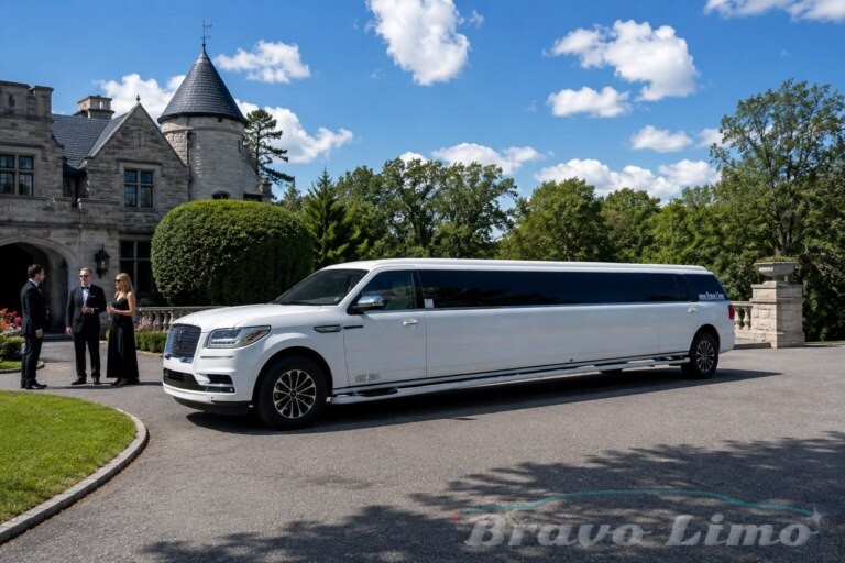 White Lincoln Navigator limousine with 10-12 passengers parked at a mansion.