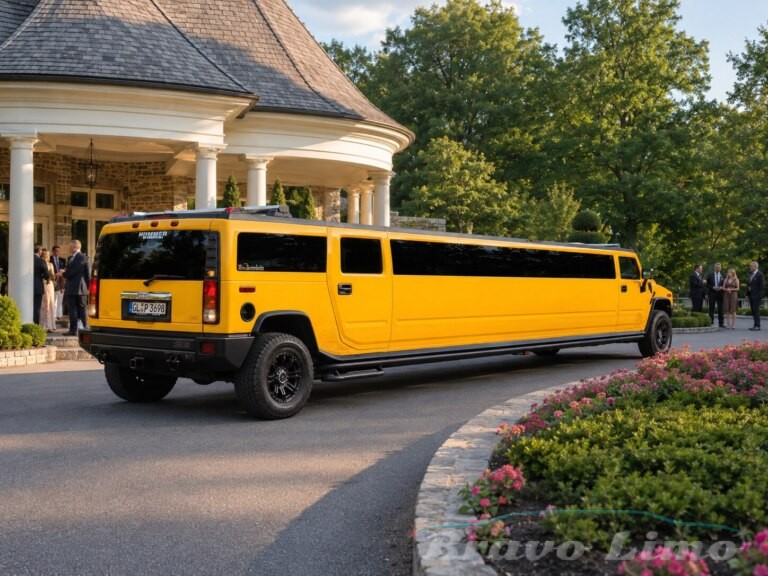 Yellow Hummer H2 limo parked at a grand entrance with guests.