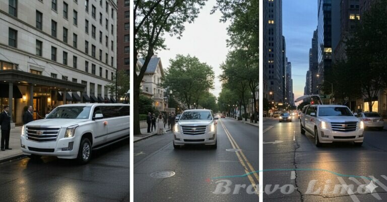 White Cadillac Escalade Limousine At Different Locations Luxury Wedding Transportation