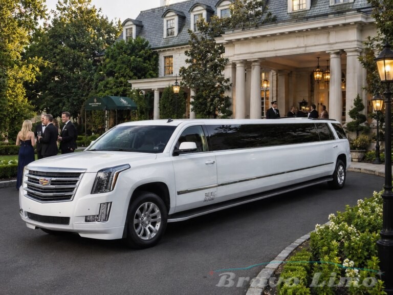White Cadillac Escalade jet door limousine parked at mansion entrance