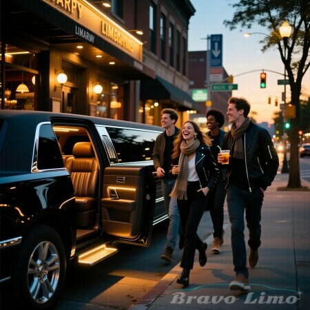 Friends Enjoying A Pub Crawl Exiting A Limousine In Front Of A Bar