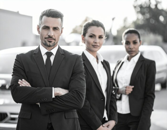 Confident Team Of Professional Drivers Standing Together