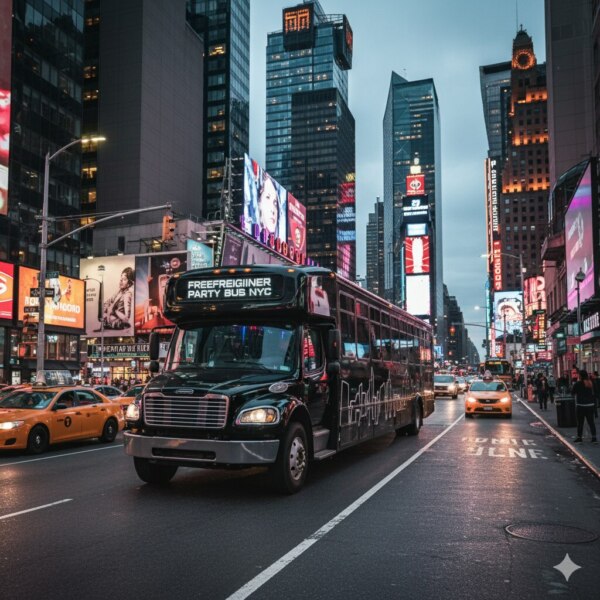 Party Bus Rentals In New York City Black Party Bus Driving Through Times Square Nyc Freefreiginer Party Bus Nyc