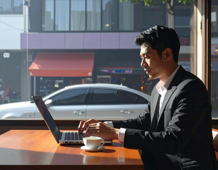 Businessman Working On Laptop In Cafe Near A Parked Car
