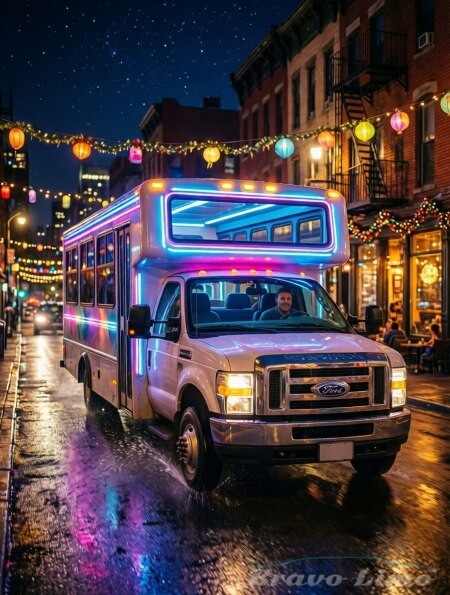 Neon Party Bus Night City Lights