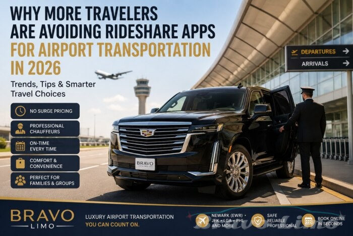 Luxury SUV and chauffeur at airport departures, Bravo Limo airport transportation.