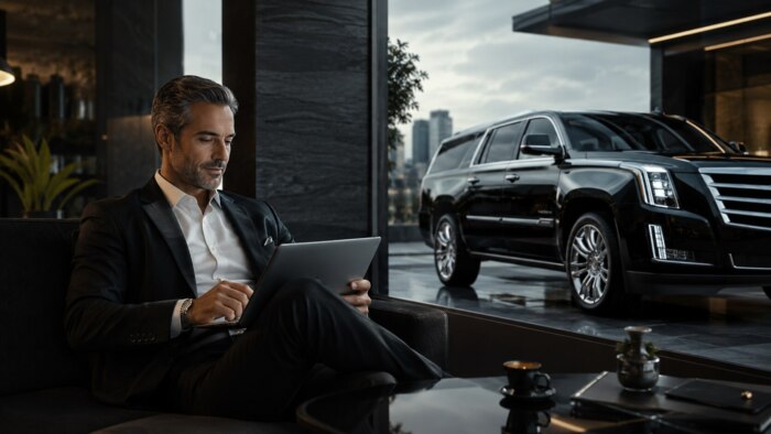 Man in suit on laptop with luxury limousine outside